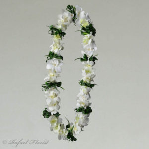 6cc6fadc white orchid lei with ti leaves - Green Leaves And White Orchid Lei - L8
