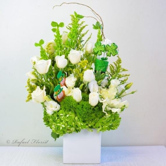 St. Patrick's day flower arrangement with bells of Ireland