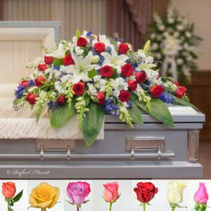 red rose white lily blue funeral casket flower - Distinguished Service Casket Spray - CS3