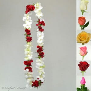 rose orchid Lei - White Orchids And Red Baby Roses Lei - L6