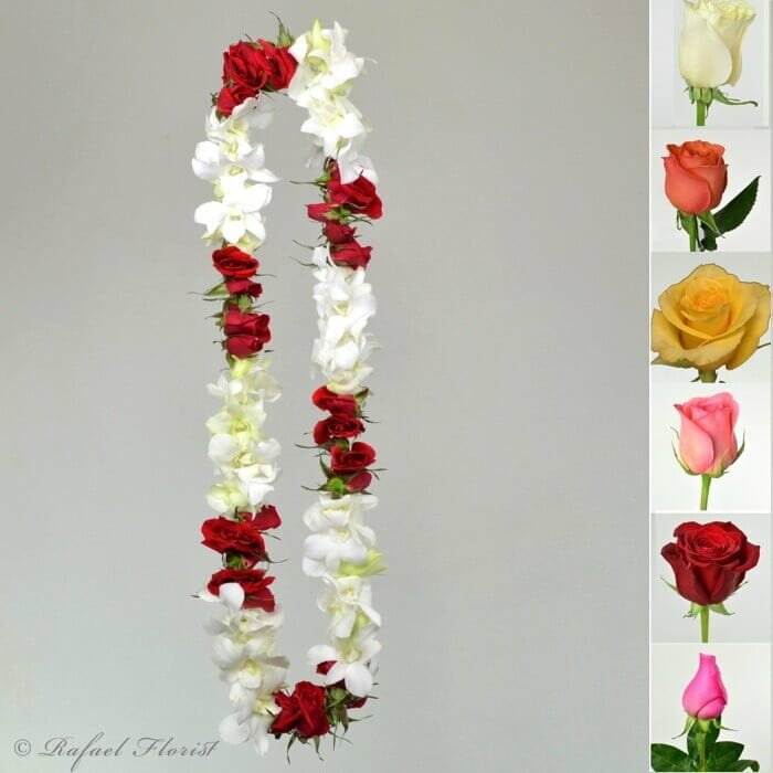 White Dendrobium Orchids And Red Baby Roses Lei For Gradations