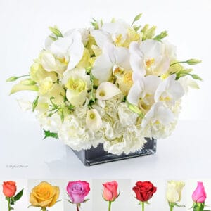 white orchid rose centerpiece arrangement - Contempo Orchids and Calla lilies Design - B76