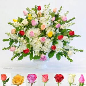 assorted color roses white hydrangeas flower arrangement - E29