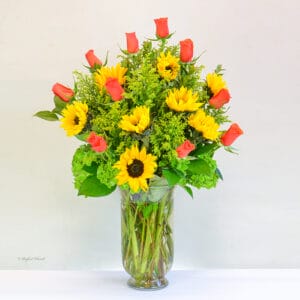 sunflowers roses arrangement in vase - Yellow Sunshine - V236