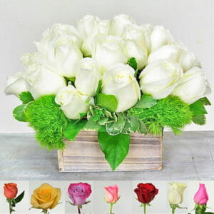 white rose floral centerpiece in rustic wooden box - MD23 - Elegant Roses