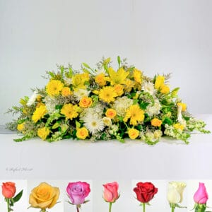 yellow white gerbera casket flowers - Cherished Memories Casket Spray - CS2