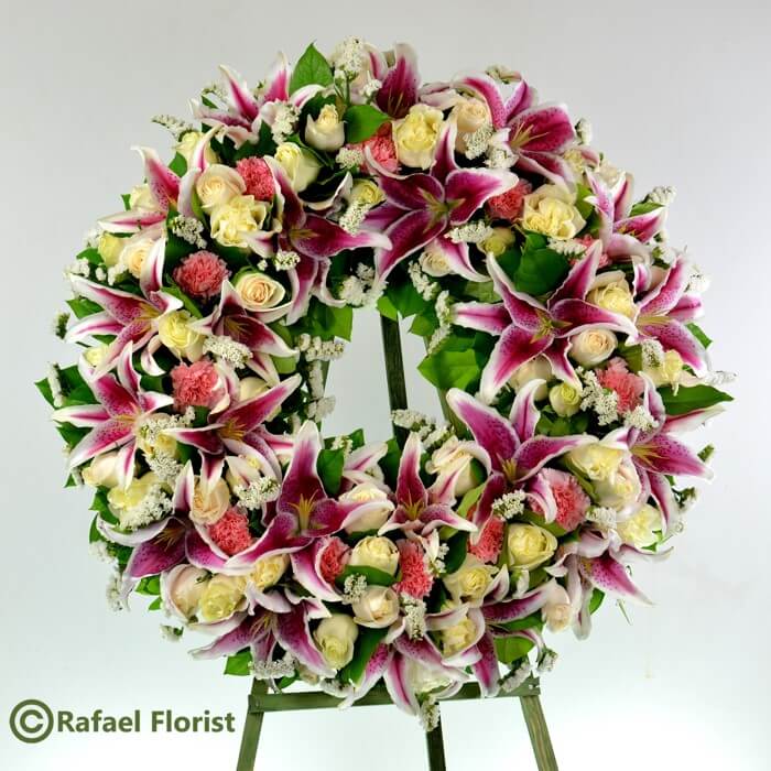 Beautiful Funeral Wreath Of Stargazer Lilies White Roses And