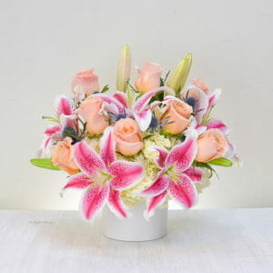 Peach roses lilies flower arrangement - MD12 - The Luxe Bouquet