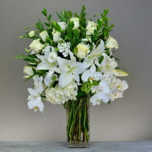 white orchids and hydrangea flower arrangement - E19