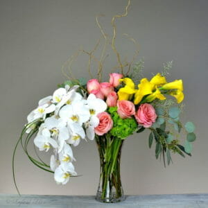 yellow calla lilies and orchids vase arrangemen - Beautiful Blessing - V86
