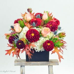 Standard red dahlias roses eryngium fall leaves - Country Blooms - B100