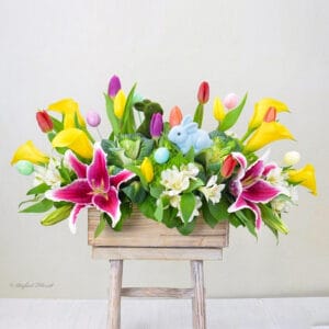 easter flower arrangement with yellow calla lilies - Blooms and Bunnies - B93