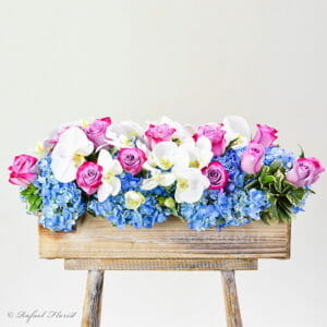 blue hydrangeas lavender roses and orchids centerpiece - Blue Butterflies - B106
