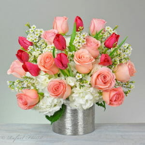 Deluxe Pink roses tulips waxflower white hydrangea in silver ceramic - V6 - Blooming Love