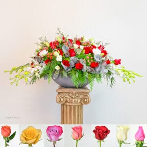christmas arrangement in concrete planter - Grand Holiday Surprise - B335