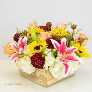 Dahlias peach roses hydrangeas lilies rustic flower arrangement - Red Dahlias Centerpiece - B48