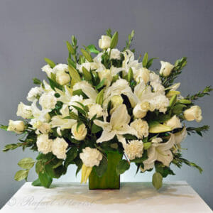funeral arrangement white rose lilies - E11 - Floral Design