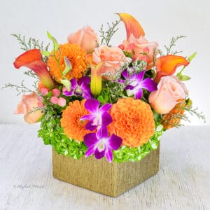 Dahlias orange calla lilies orchids centerpiece - Sweet Dahlia Dreams - B97