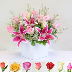 startazer lilies in white ceramic - MD24 - Mom's Favorite Blooms