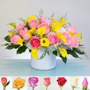 Pink rose yellow calla lily arrangement - Calla Lily Delight - V71