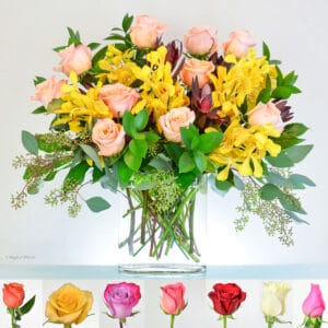 Yellow orchids peach roses flower arrangement - Exotic mokara orchid design - V41