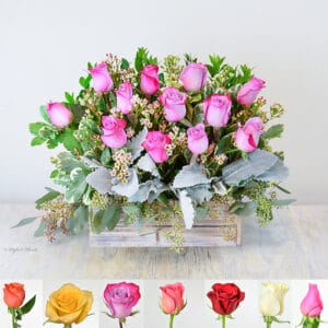 Romantic rose arrangement wooden box - Roses on windowsill - B112