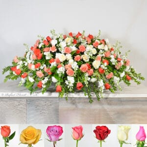 funeral casket spray Orange white flowers - Garden of Grace Casket Spray - CS23