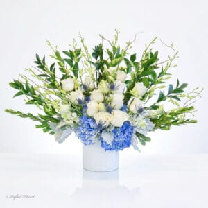 blue hydrangea white orchids arrangement - Sweet Angel Blessings - B32