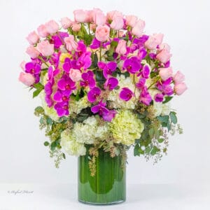 pink roses and orchids arrangement - Orchids In The Mist - B138